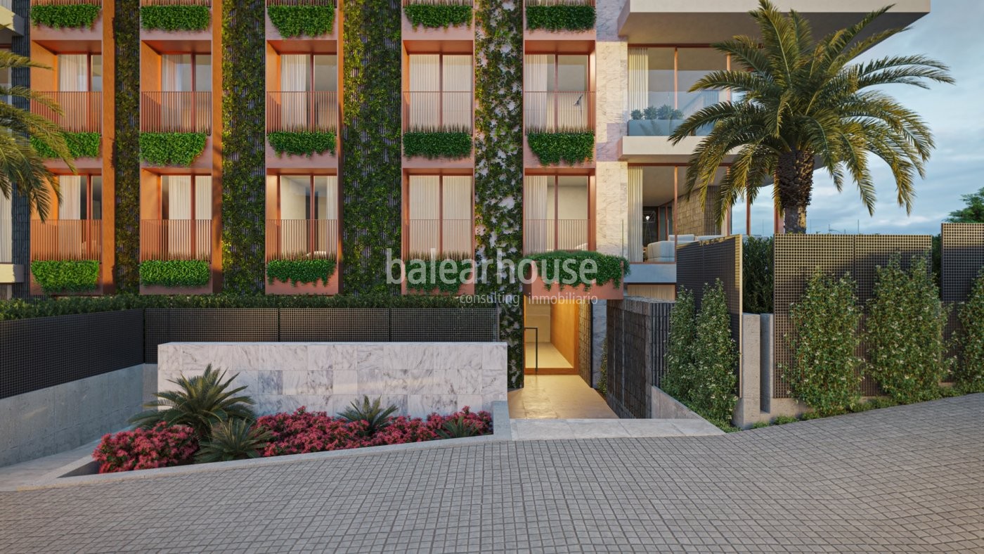 Exklusive Neubau-Erdgeschosswohnungen in Palma mit außergewöhnlicher Architektur und Design.