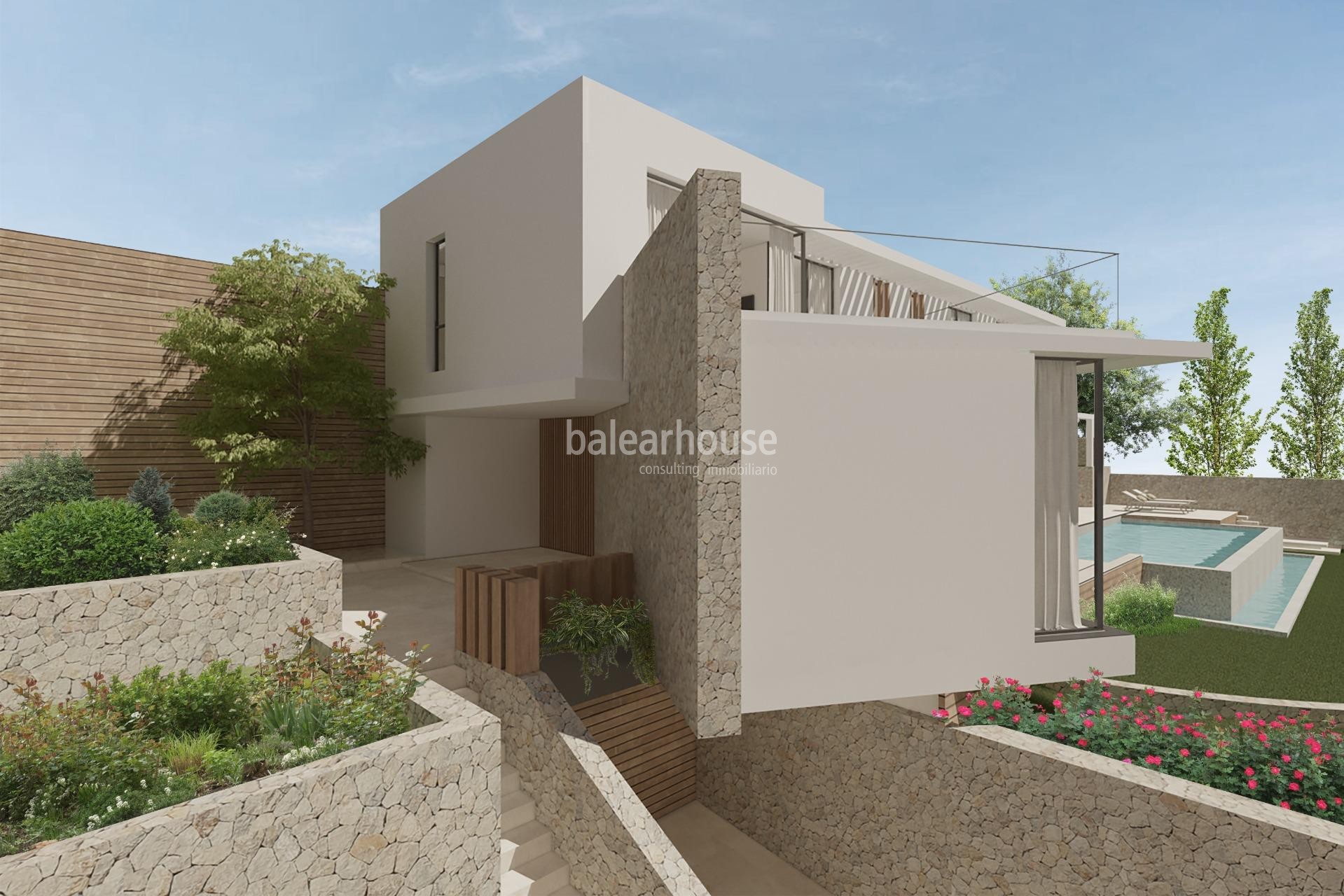Large villa of high quality and a careful modern design with views that reach the sea in Cala Llamp