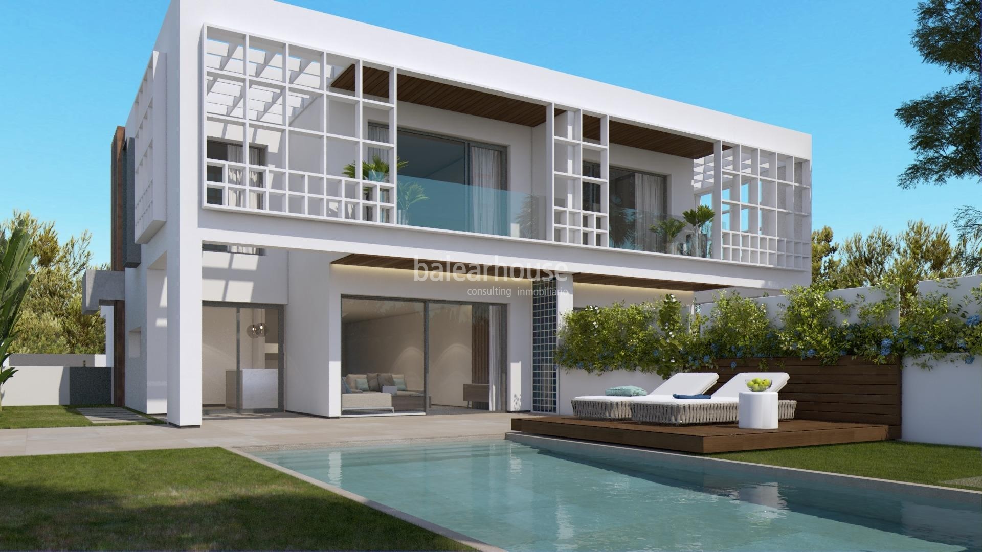 Nueva villa de diseño moderno en construcción con jardín y piscina cerca de playas en Puig d'en Ros
