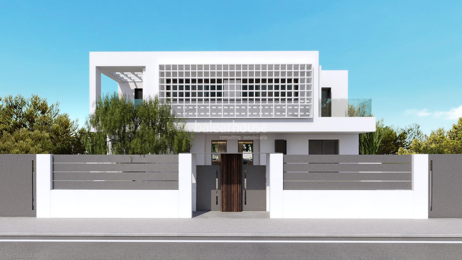 Nueva villa de diseño moderno en construcción con jardín y piscina cerca de playas en Puig d'en Ros