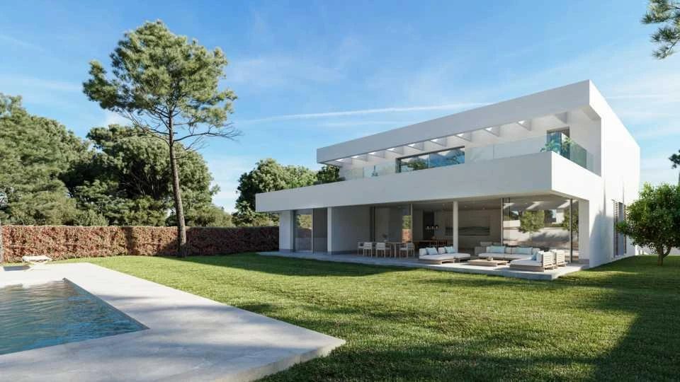 Neue moderne Villa in Sol de Mallorca mit Meerblick, Terrassen und großem Garten mit Pool