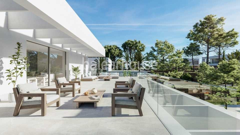 Neue moderne Villa in Sol de Mallorca mit Meerblick, Terrassen und großem Garten mit Pool