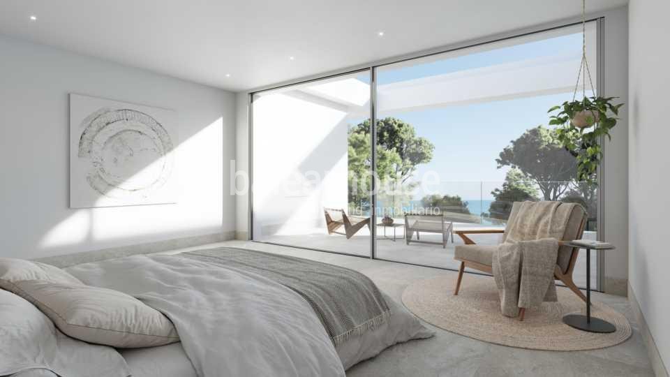 New contemporary villa in Sol de Mallorca with sea views, terraces and large garden with pool