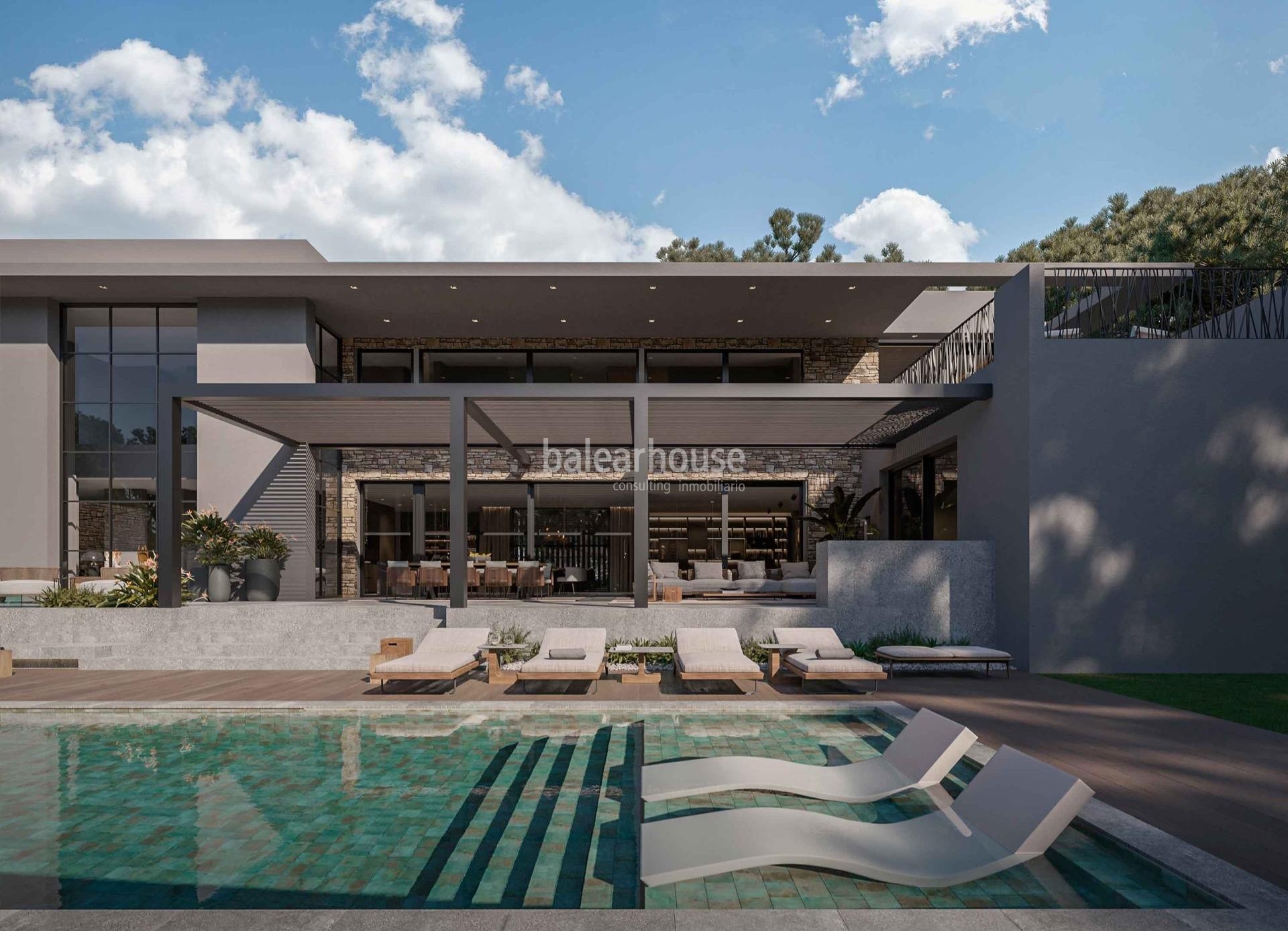 Magnífica villa de obra nueva y diseño único con grandes terrazas, jardines y piscina en Cala Vinyes
