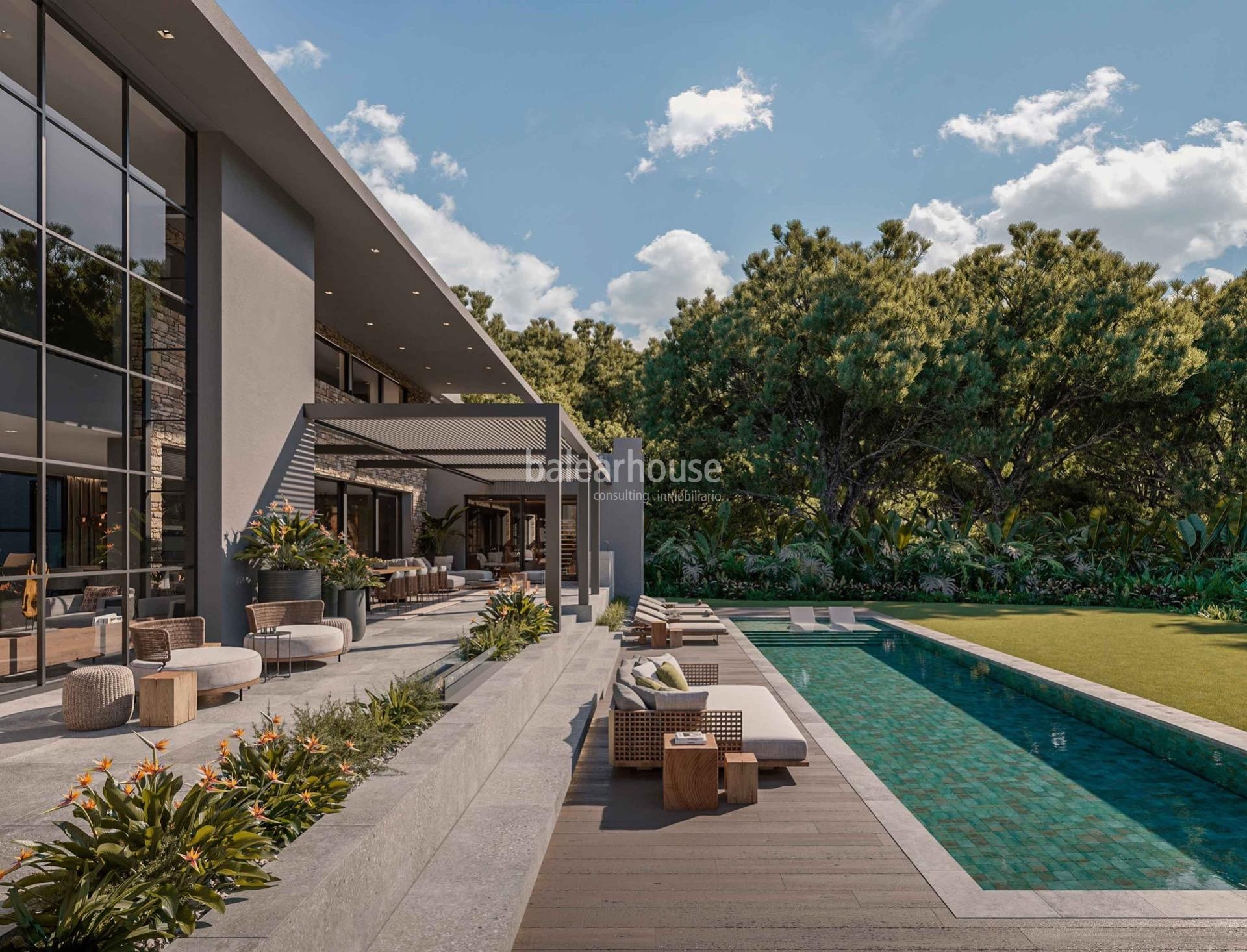 Magnífica villa de obra nueva y diseño único con grandes terrazas, jardines y piscina en Cala Vinyes