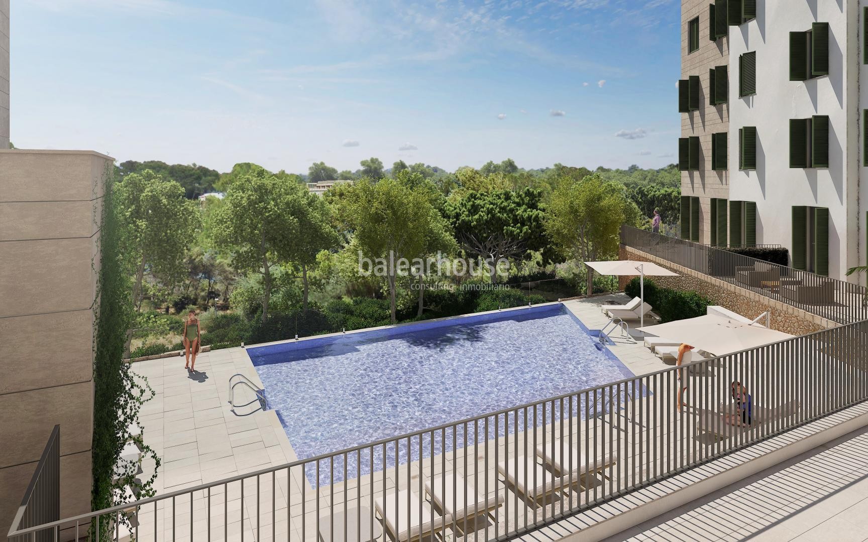 Modernos pisos de obra nueva con terraza y piscina en la verde zona de Sa Teulera