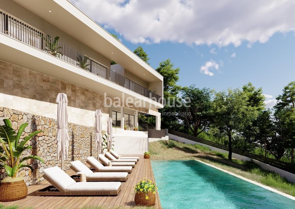 Moderna Neubauvilla mit großen Außenflächen und Bergblick in Santa Ponsa