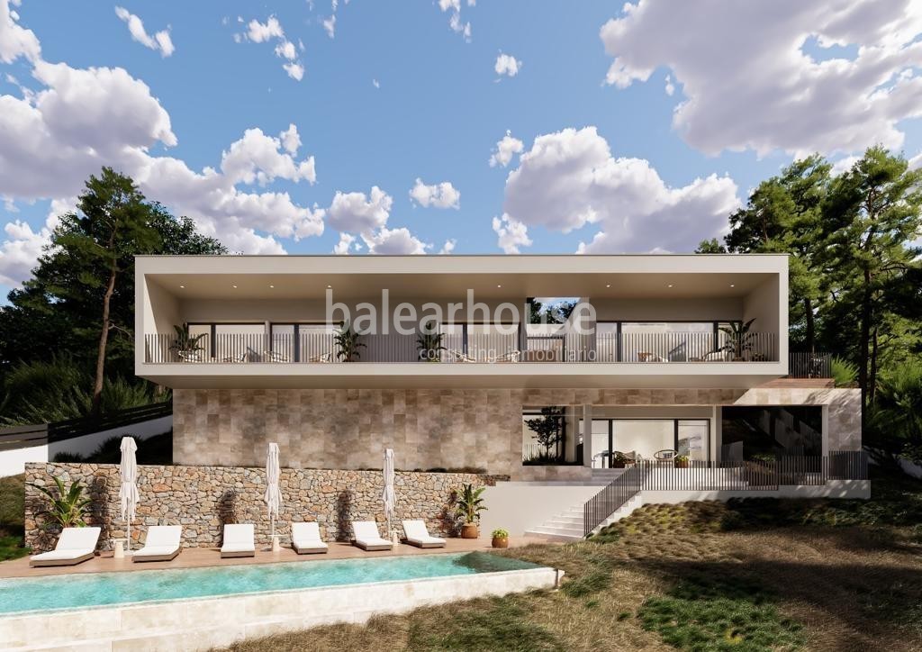 Moderna villa de obra nueva con grandes espacios exteriores y vistas a la montaña en Santa Ponsa