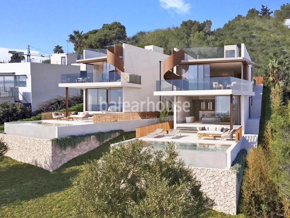 Moderne, neu gebaute Villa in Alcudia mit unverbaubarem Meerblick, Solarium, Schwimmbad und Garten.