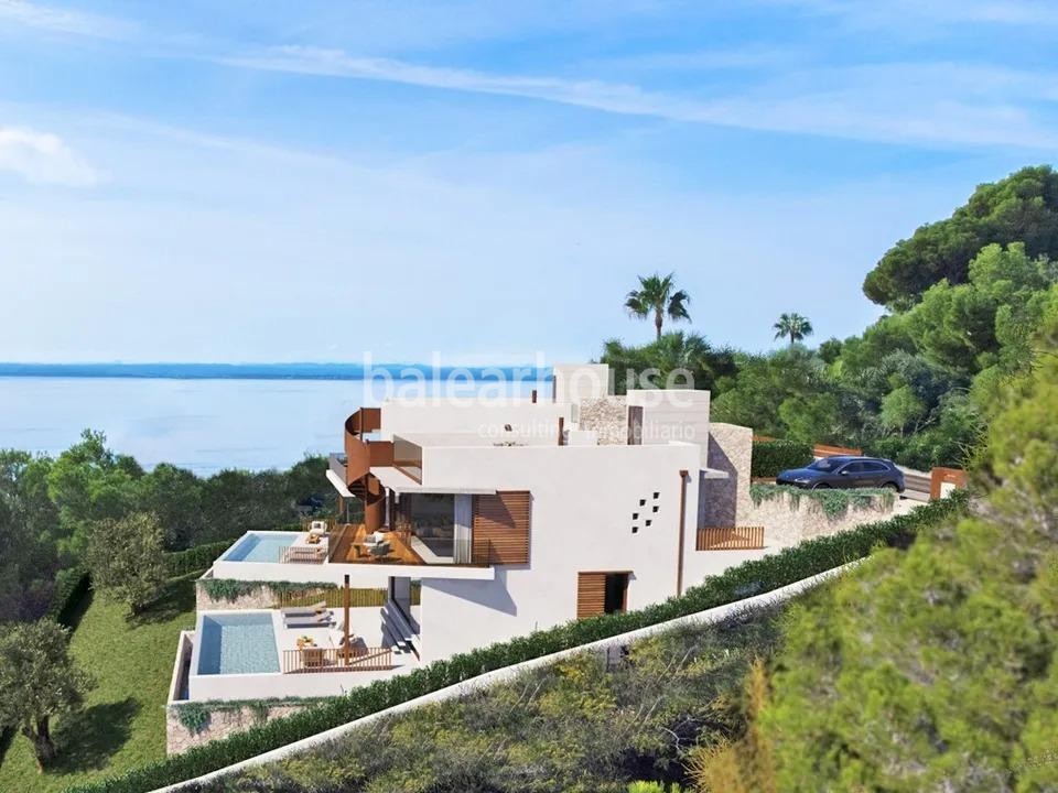 Moderne, neu gebaute Villa in Alcudia mit unverbaubarem Meerblick, Solarium, Schwimmbad und Garten.