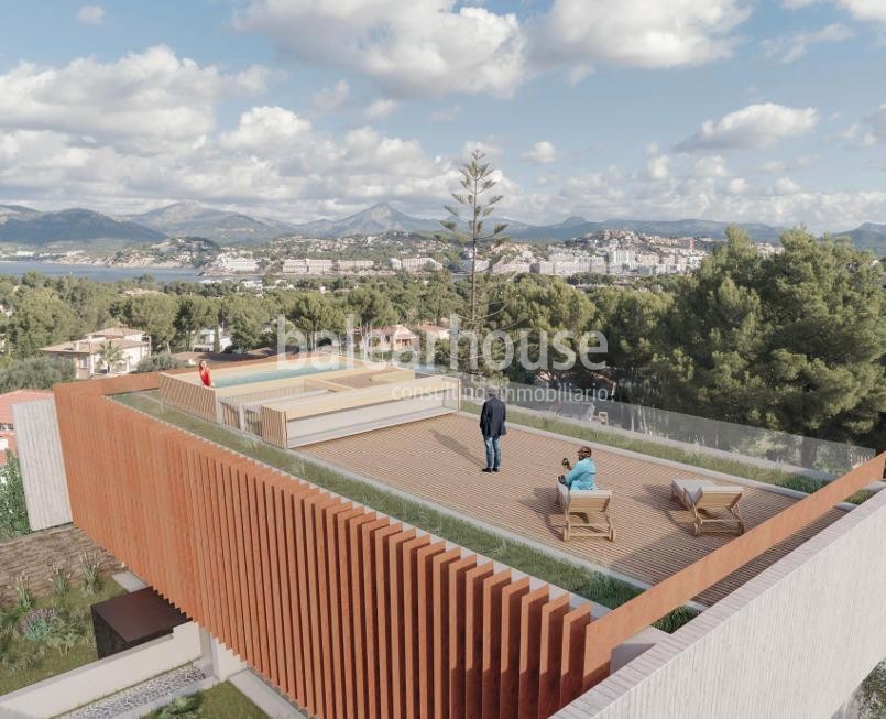 Terreno en Nova Santa Ponsa con proyecto y licencia de innovadora villa con vistas parciales al mar