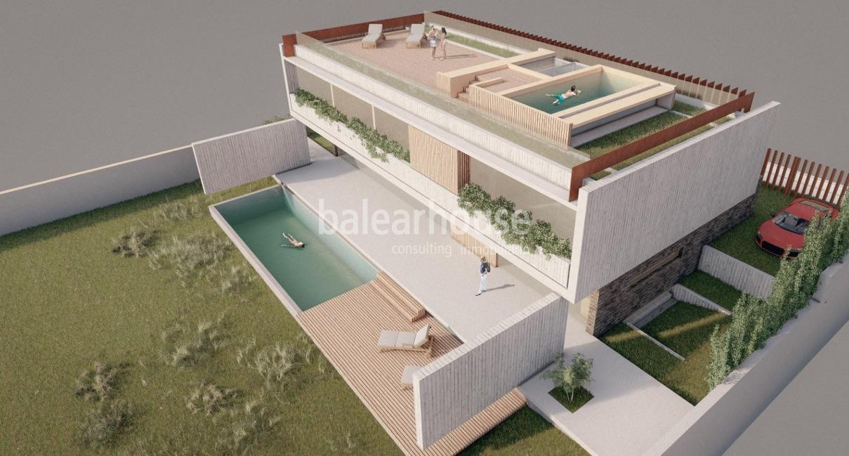 Grundstück in Nova Santa Ponsa mit Projekt und Lizenz für eine innovative Villa mit Teilmeerblick