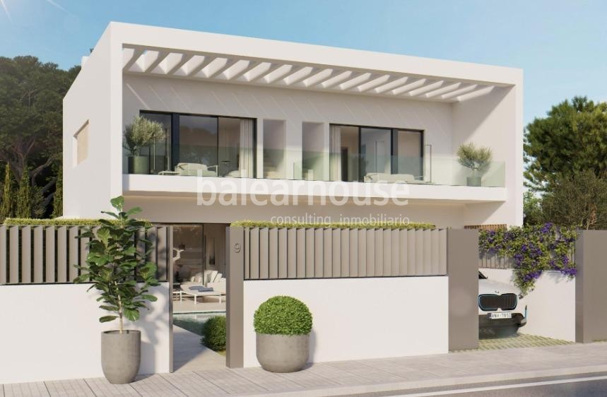 Moderno chalet de obra nueva en Marratxí, con terrazas, jardín, piscina y solárium.