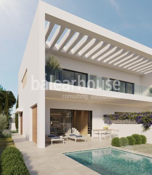 Moderno chalet de obra nueva en Marratxí, con terrazas, jardín, piscina y solárium.