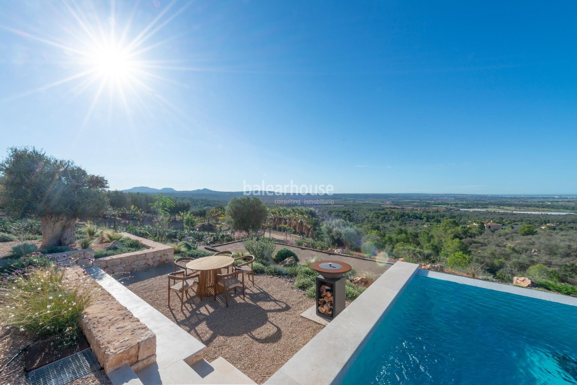 Moderna finca rústica de obra nueva con grandes exteriores y espectaculares vistas a Palma y al mar