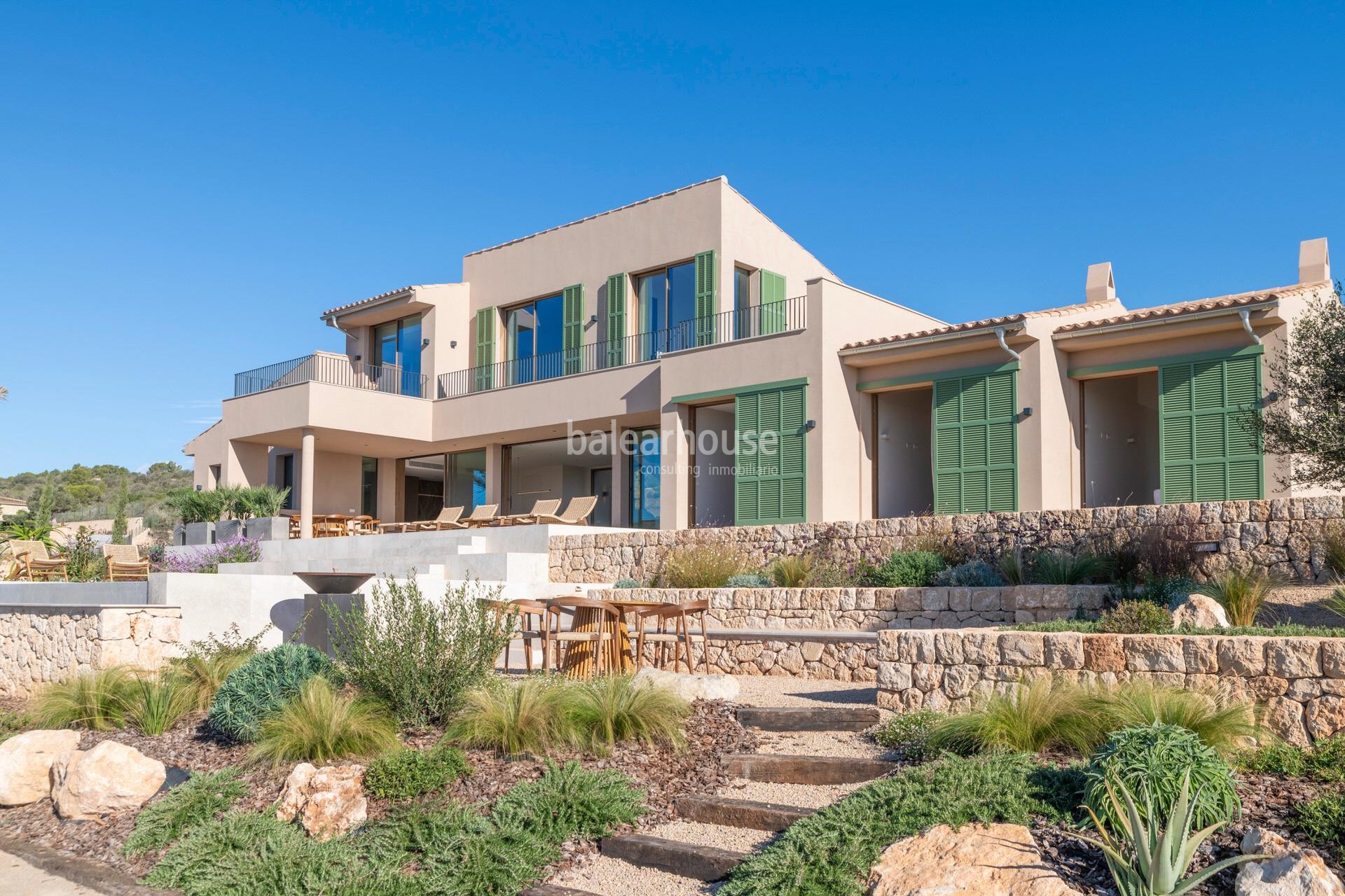 Moderne neu gebaute rustikale Finca mit spektakulärem Blick auf Palma und das Meer