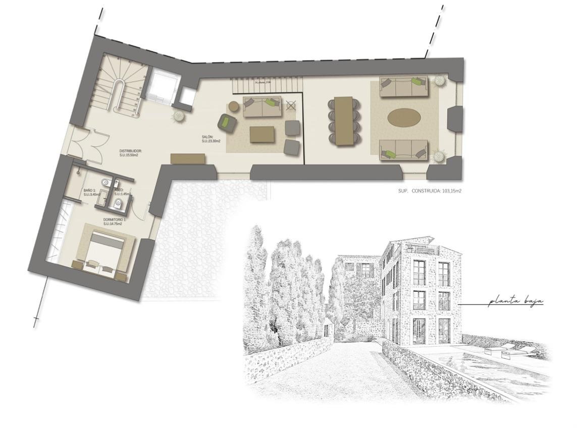 Proyecto de gran finca rústica con un diseño actual y vistas a las montañas en Sóller