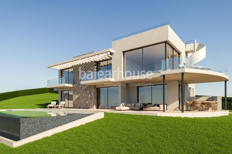 Solar con proyecto de villa moderna con vistas parciales al mar en Cala Vinyas