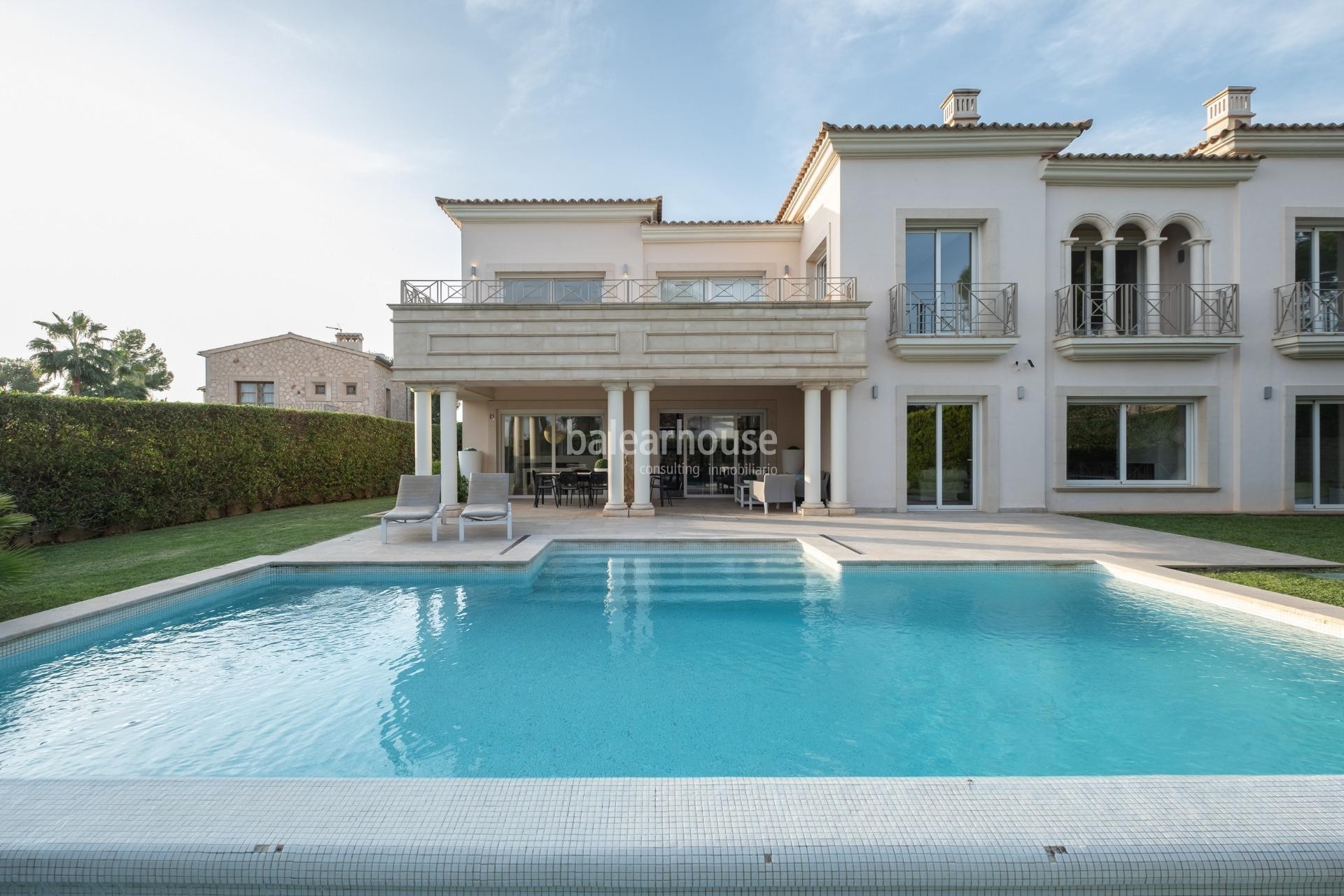 Large villa of elegant architecture with beautiful terraces, garden and pool in Santa Ponsa