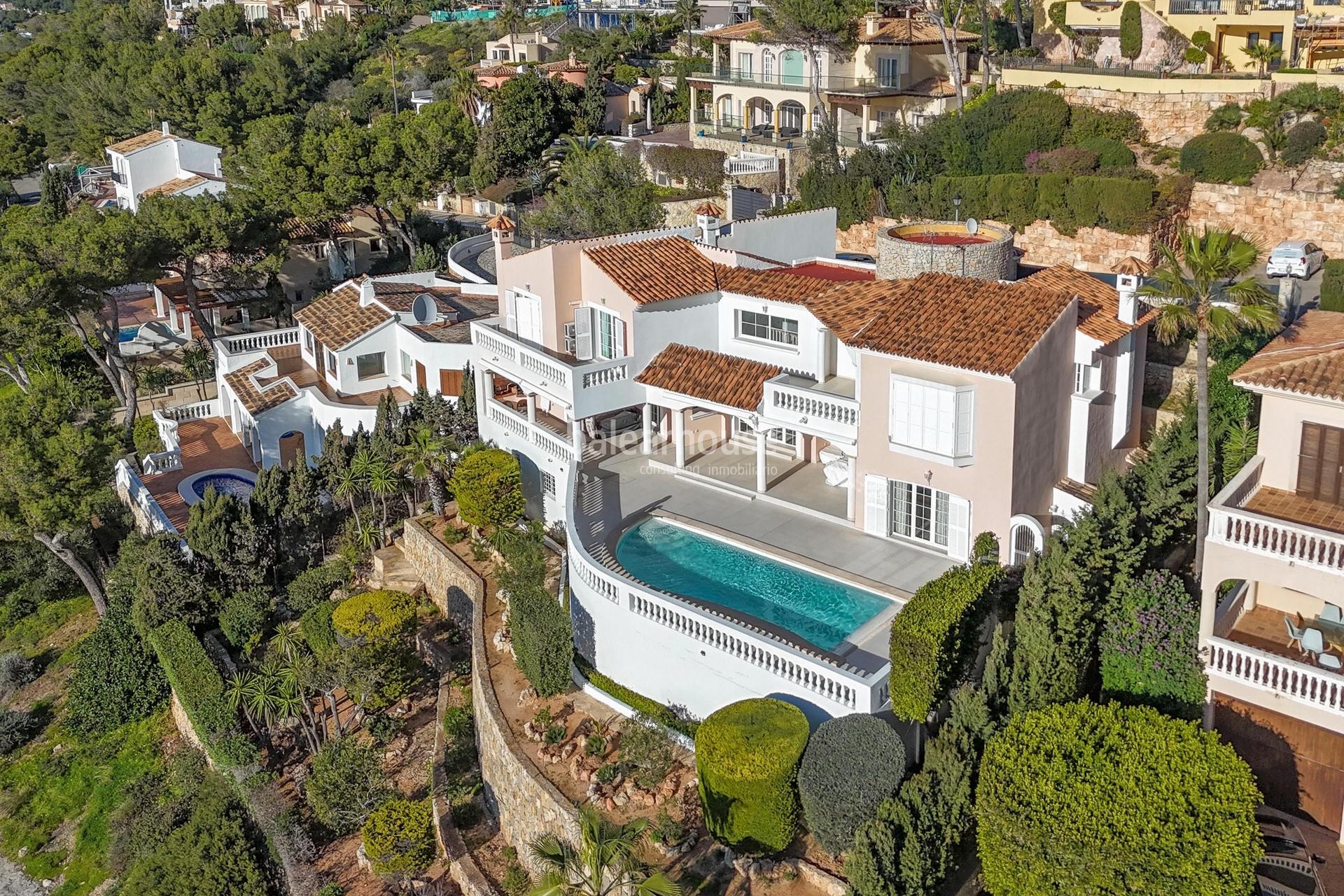 Spectacular sea views from this fabulous villa in Camp de Mar with terraces and large pool