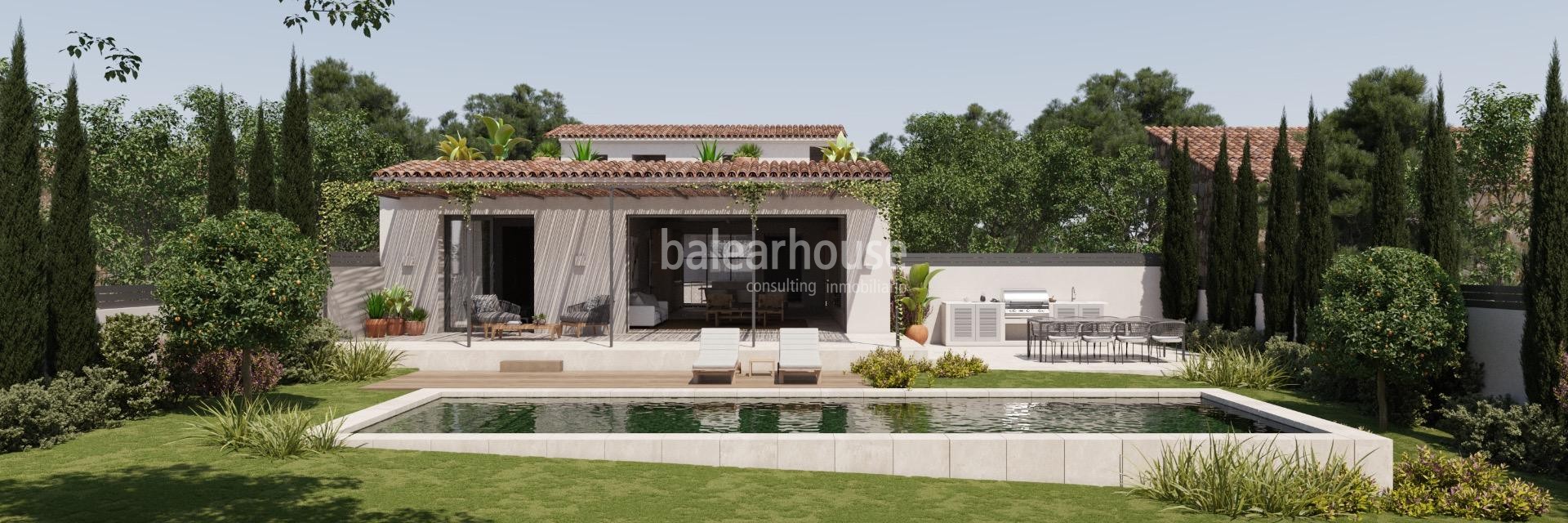 New project of modern finca in Establiments with swimming pool, garden and traditional elements.