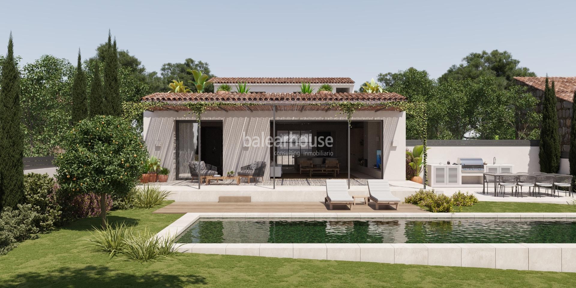 New project of modern finca in Establiments with swimming pool, garden and traditional elements.